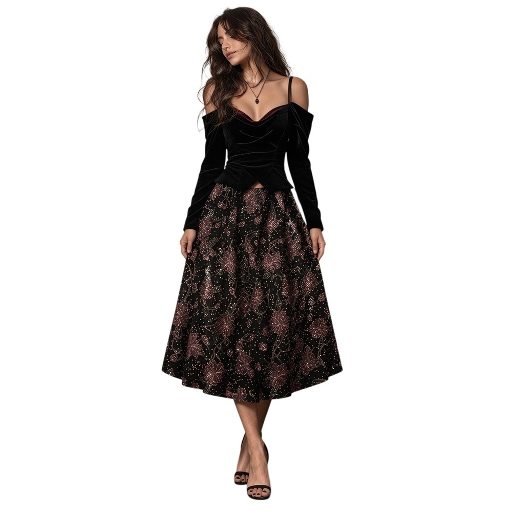 Jessica McClintock Burgundy Black Velvet Dress 14 Off Shoulder Floral Sequin VTG